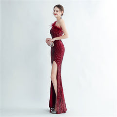 One-Shoulder Sequin Feather Maxi Dress