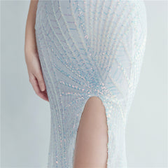 One-Shoulder Sequin Feather Maxi Dress