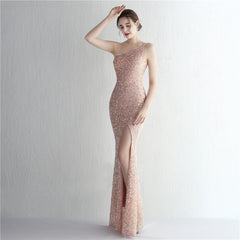 One-Shoulder Sequined Fishtail Split Maxi Dress