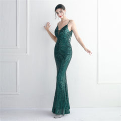 V-Neck Sequined Beaded Maxi Dress