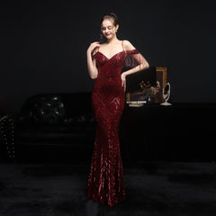 Sequined V-Neck Fishtail Dress