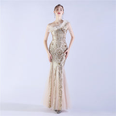 Beaded Sequined Ostrich Feather Maxi Dress