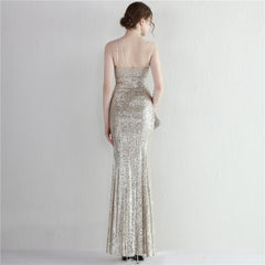 Sequin One-Shoulder Fishtail Maxi Dress