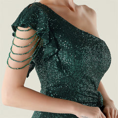 One-Shoulder Beaded Sequined Maxi Dress