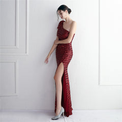 Sequined One-Shoulder Fishtail Maxi Dress