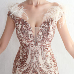 Off-Shoulder Sequined Feather Maxi Dress