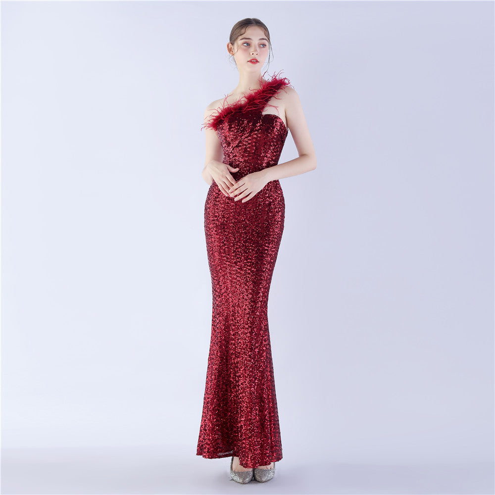 Asymmetric One-Shoulder Sequined Maxi Dress