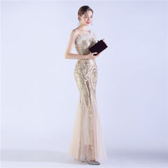 Beaded Sequined Ostrich Feather Maxi Dress