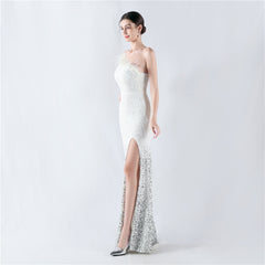 One-Shoulder Sequin Feather Maxi Dress