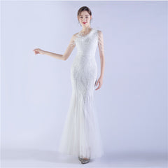 Beaded Sequined Ostrich Feather Maxi Dress