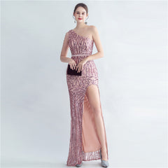 Sequined One-Shoulder Fishtail Maxi Dress
