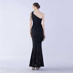 One-Shoulder Ostrich Hair Maxi Dress