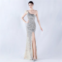 One-Shoulder Sequined Feather Maxi Dress