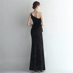 One-Shoulder Sequined Fishtail Split Maxi Dress
