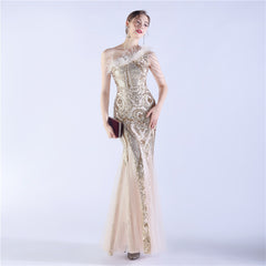 Beaded Sequined Ostrich Feather Maxi Dress