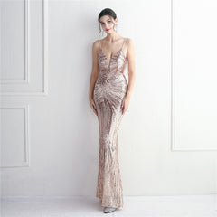 V-Neck Sequined Beaded Maxi Dress