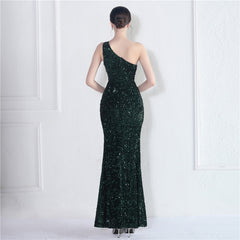 One-Shoulder Sequined Fishtail Maxi Dress