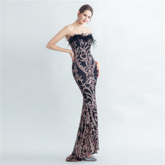 Ostrich Feather Strapless Maxi Dress