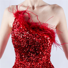 One-Shoulder Sequin Feather Maxi Dress