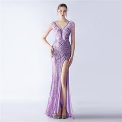 Ostrich Feather Beaded Maxi Dress