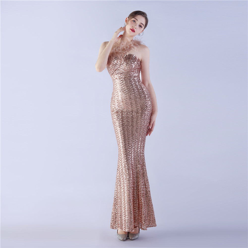 Asymmetric One-Shoulder Sequined Maxi Dress