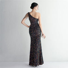 One-Shoulder Sequined Beaded Fishtail Maxi Dress