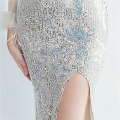 Ostrich Feather Sequined Maxi Dress