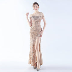 Off-Shoulder Sequin Split Maxi Dress