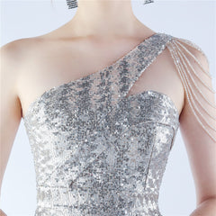 Sequin Beaded One-Shoulder Maxi Dress