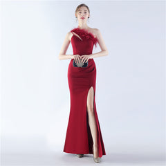 One-Shoulder Ostrich Feather Maxi Dress