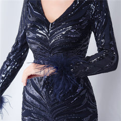 V-Neck Ostrich Feather Sequin Maxi Dress