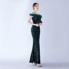 Off-Shoulder Sequin Feather Maxi Dress