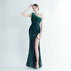 One-Shoulder Sequin Feather Maxi Dress