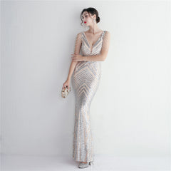 Sequined V-Neck Slim Maxi Dress