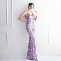 V-Neck Sequined Beaded Maxi Dress