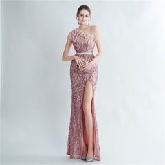 One-Shoulder Sequin Feather Maxi Dress