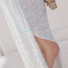 Sequined One-Shoulder Split Maxi Dress