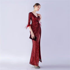 Ostrich Feather Sequined Maxi Dress