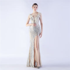 Ostrich Feather Beaded Maxi Dress