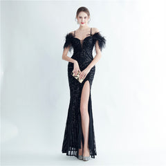 Ostrich Feather Sequined Maxi Dress